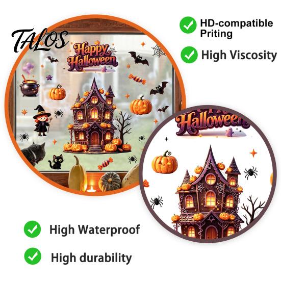 Outdoor Balcony Scene Setting Props Halloween Static Window Clings, Spooky Haunted House Glass Decals with Pumpkin Funny Holiday Party Room Decor Bat