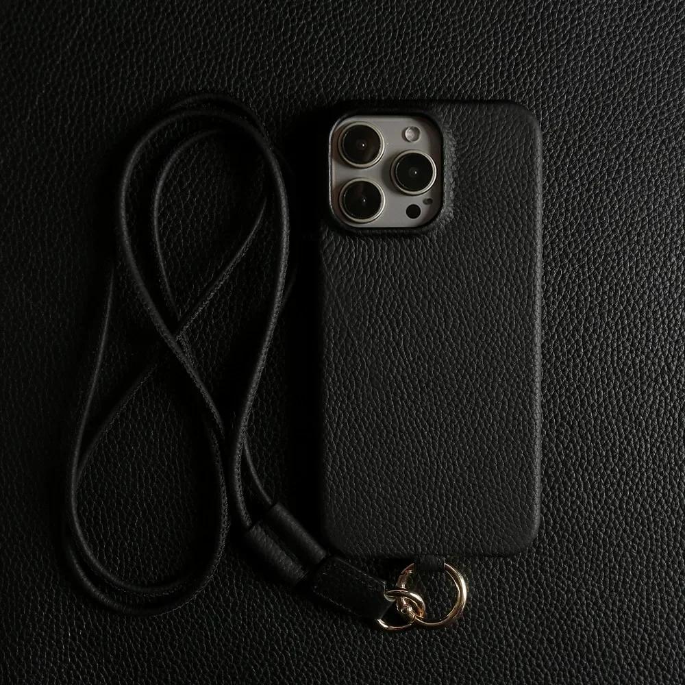 Full Grain Cowhide Leather Case for iPhone 17 Pro Max Air 16 Pro 15 14 Plus 13 12 11 Crossbody Long Strap Mobile Phone Cover