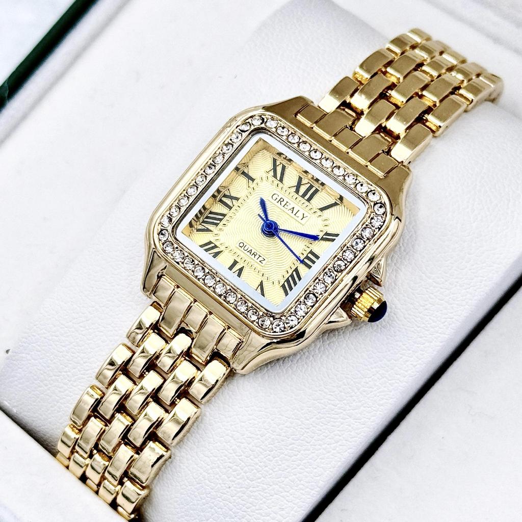 GREALY 2024 Dámské vodotěsné módní křemenné náramkové hodinky se čtvercovým pouzdrem a diamanty