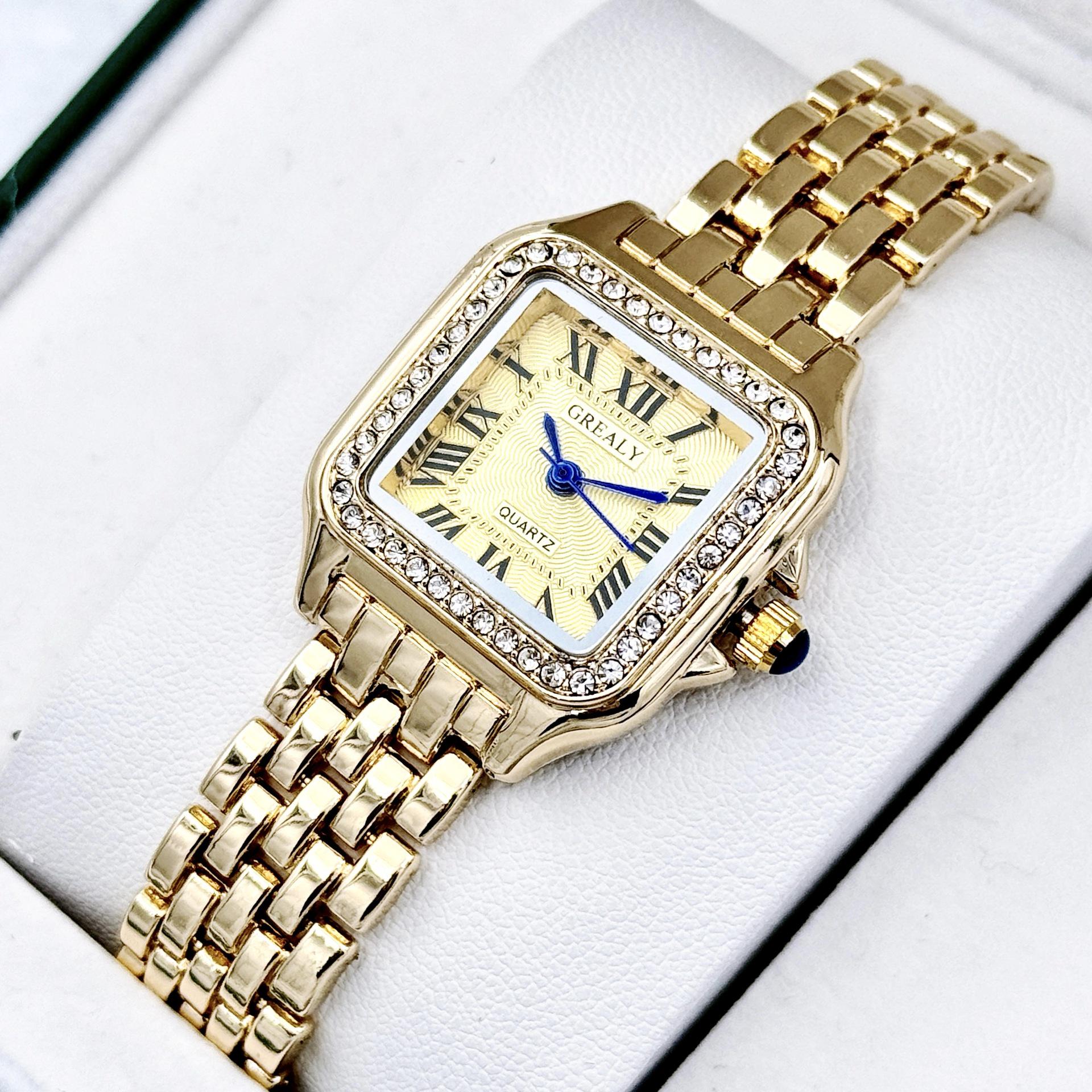 

GREALY 2024 Женские водонепроницаемые модные кварцевые наручные часы с квадратным корпусом и бриллиантовой инкрустацией