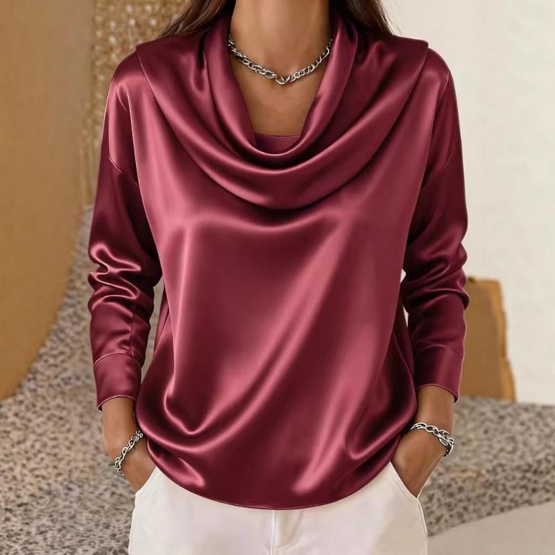 

Women s Satin Cowl Neck Blouse Long Sleeve Casual Loose Fit Top S червоний