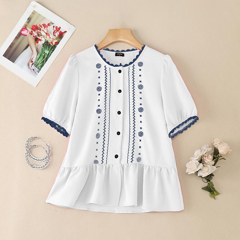 VONDA Wemen Casual Loose Round Neck Half Sleeve Lace Hem Embroidery Blouse
