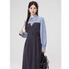 Autumn New Literary and Artistic Gentle Niche Chic Fake Two-piece Splicing Waist Long-sleeved Dress Women