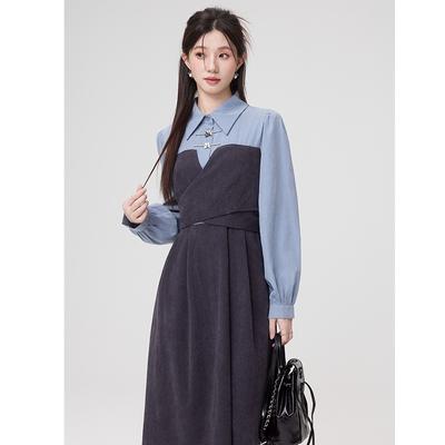 Autumn New Literary and Artistic Gentle Niche Chic Fake Two-piece Splicing Waist Long-sleeved Dress Women