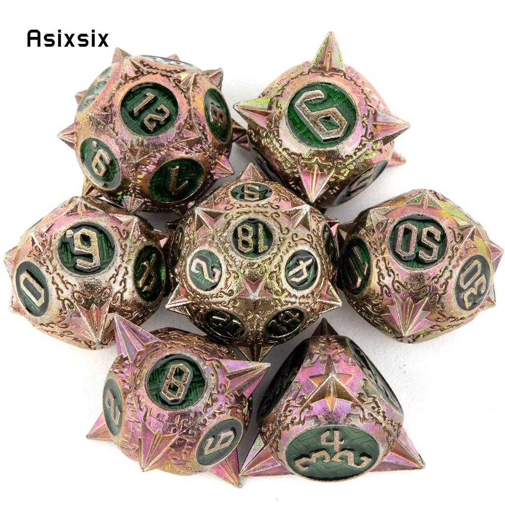 7 Pcs Red Green Meteor Hammer Metal Dice Solid Metal Polyhedral Dice Set Suitable For Role-Playing Dice PropBoard Game Gift