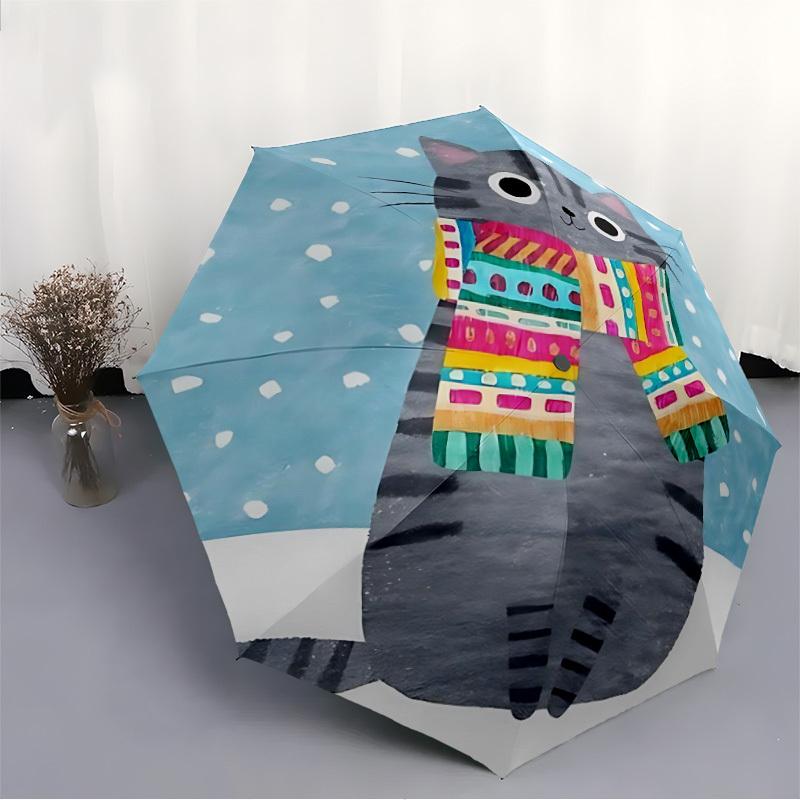 1pc Winter Cat Automatic Open/Close Umbrella with One-Touch Button, Compact Folding Canopy, Sturdy 8-Rib Windproof Design S28