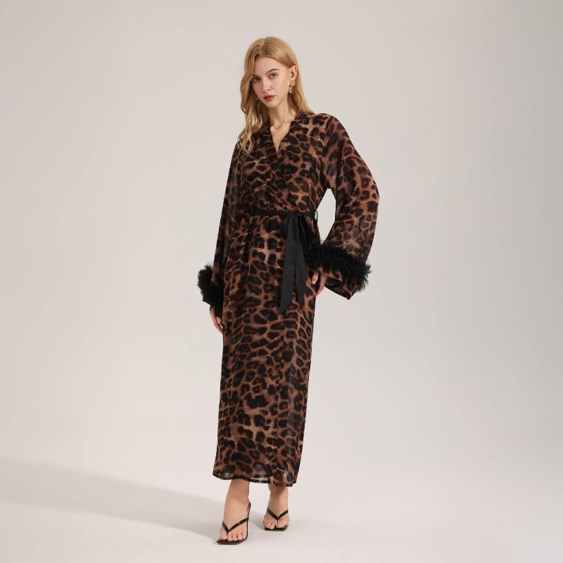 Leopard Print Nightgown, Women's Summer and Autumn Long Sleeved Light and Thin Morning Gown, Pearl Yarn Wild Beauty Home Gown