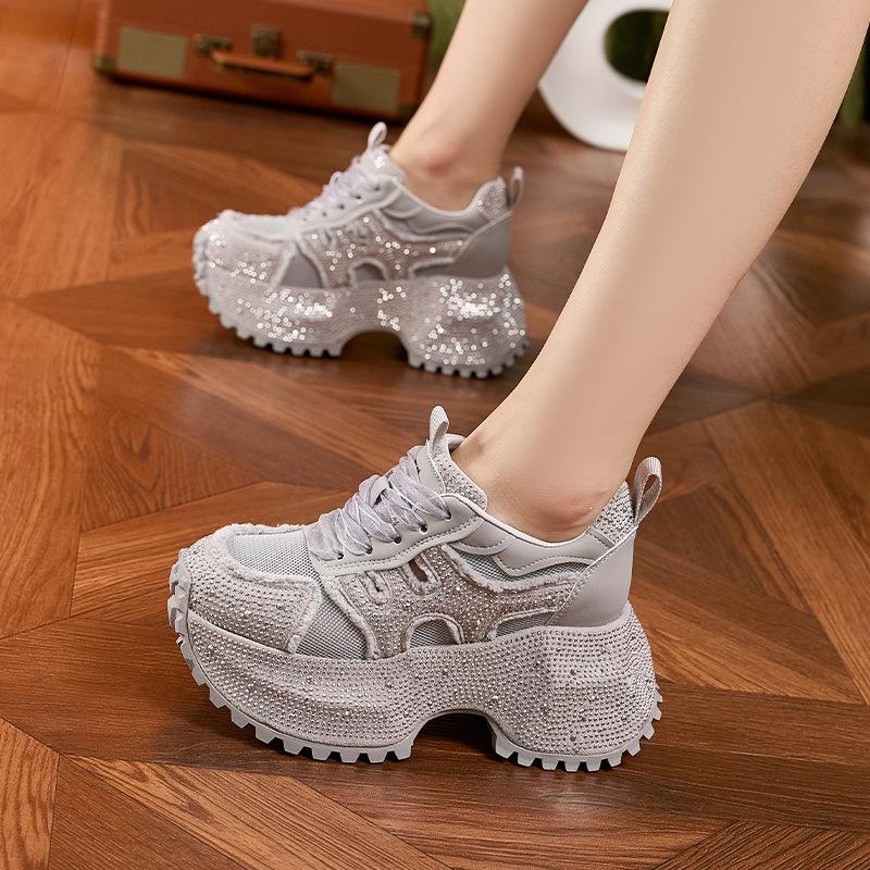 Fashion 2025 New 8.5cm Women's Chunky Sneakers Autumn Fashion Shiny Rhinestone Thick Bottom Shoes High Platform Ladies Sneaker Woman