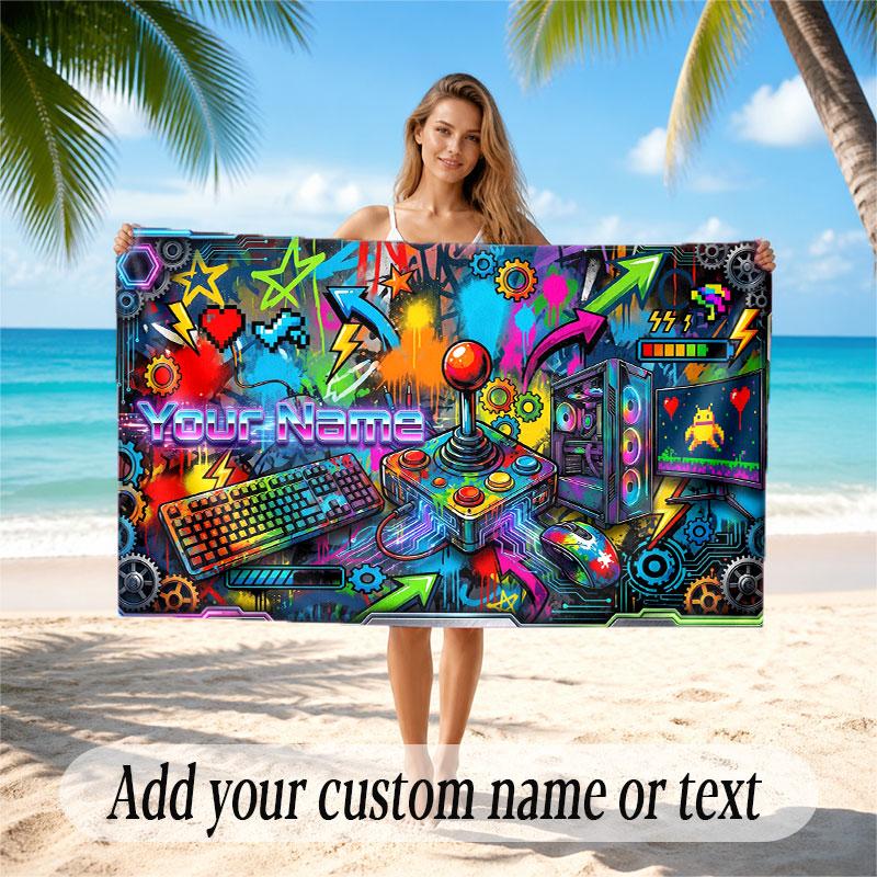 City Cyberpunk Theme Soft Beach Towel Personalized Custom Name Text Towel Portable for Beach Pool Travel