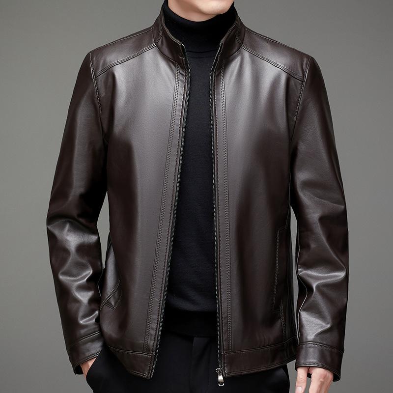 Herren-Lederjacke mit Stehkragen, neue Lederjacke für Herbst und Winter, Lederjacke in Übergröße, Plüsch- und dicker Herrenmantel mittleren Alters