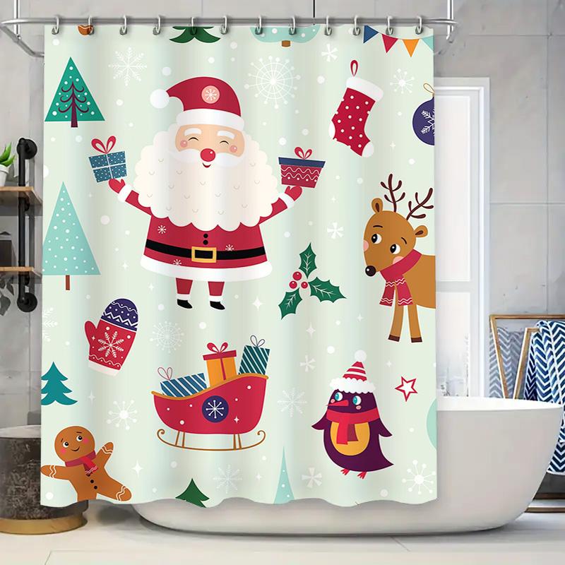 Tu Festive Christmas Shower Curtainholiday Bathroom Decorsanta Claus Patternwaterproof Fabricholiday Giftbathroom Accessoriesxma