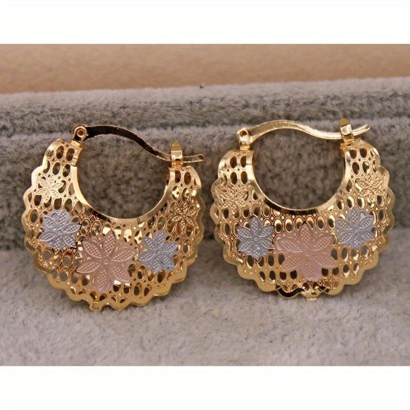 Trendy Gold Plated Print Copper Hollow Round Heart Hoop Earrings for Women  Jewelry Accessories Wedding Party Gift