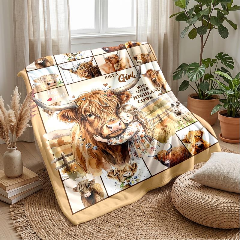 Flower Crown Highland Cow Theme Blanket Lightweight Warm Flannel Blanket Decorative Throw Blanket for Home Decoration