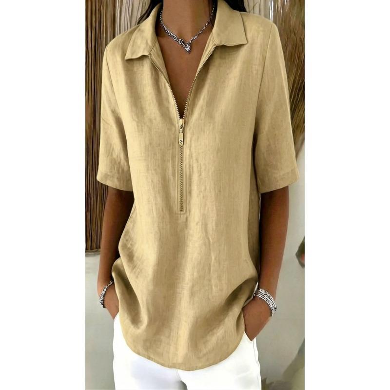Women Casual Solid Color Lapel Zip Half Sleeve Fashion Blouse