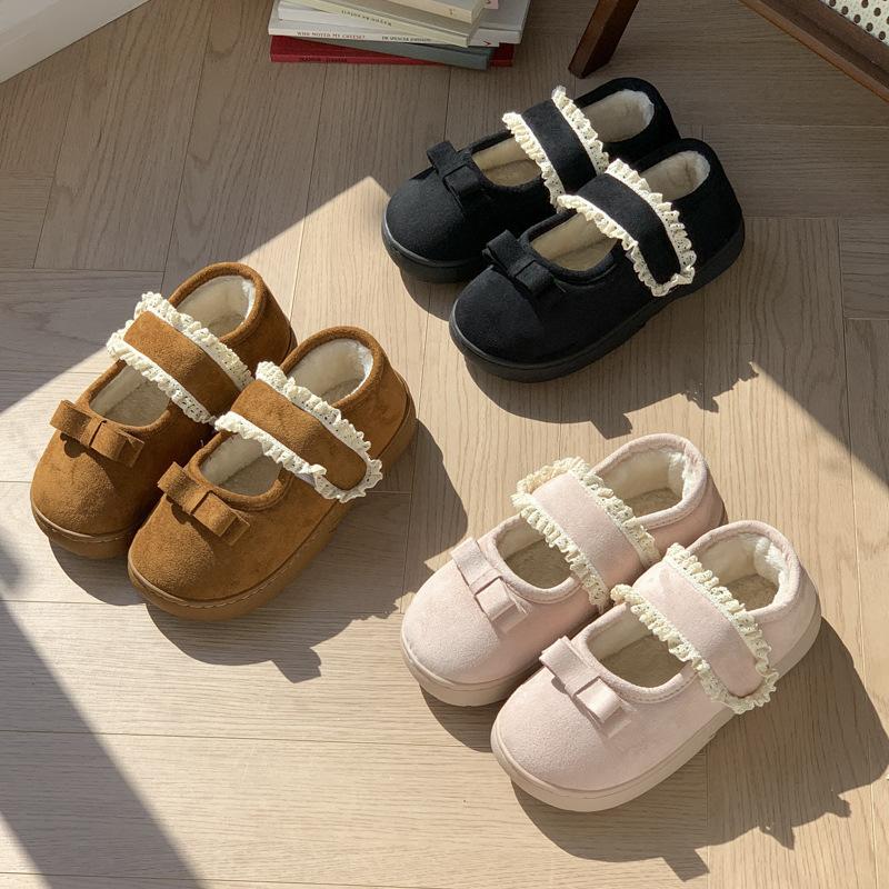 New retro Mary Jane Velcro all-inclusive heel cotton shoes autumn and winter home velvet warm non-slip cotton slippers