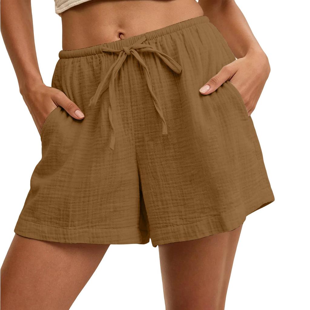Women's Casual Drawstring Waist Shorts with Pockets Lightweight Cotton Linen Blend Relaxed Fit Summer Beachwear Bottoms