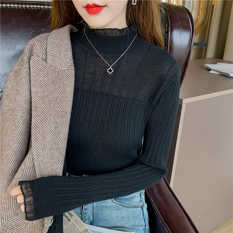 Autumn and Winter Semi -high -necked Lace Female Bottoming Shirt Fashion Foreign Black Slim Knitted Long -sleeved Top