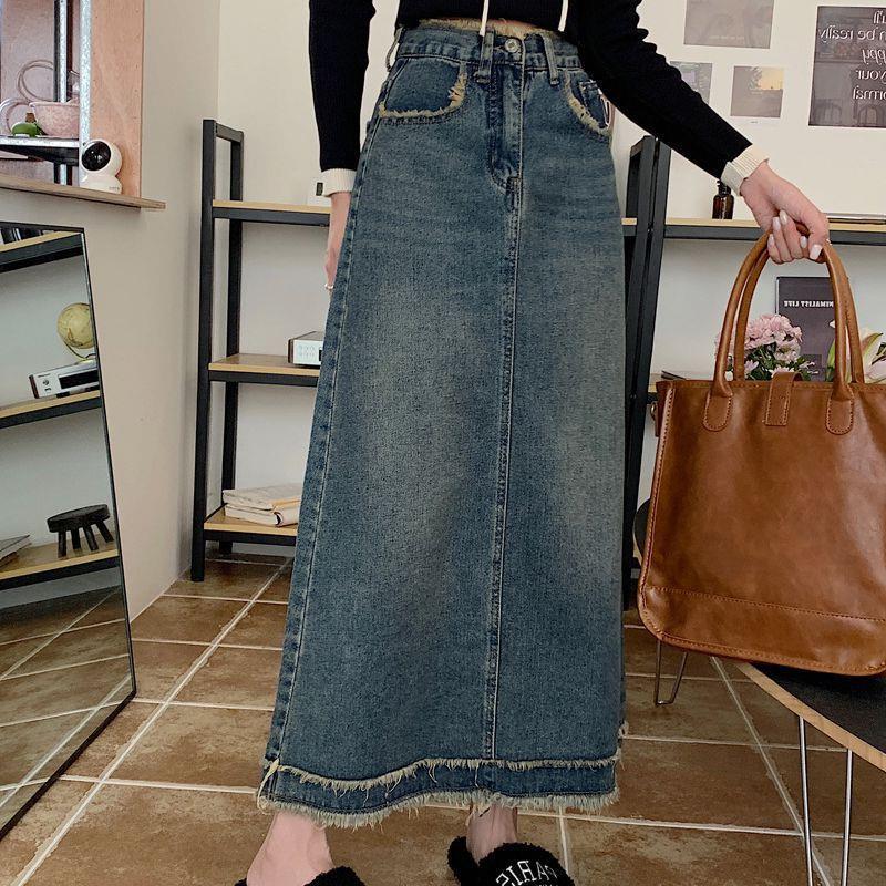 

2025 New High-Waisted Denim Skirts for Women - Mid-Length with Frayed Tassel Hem L