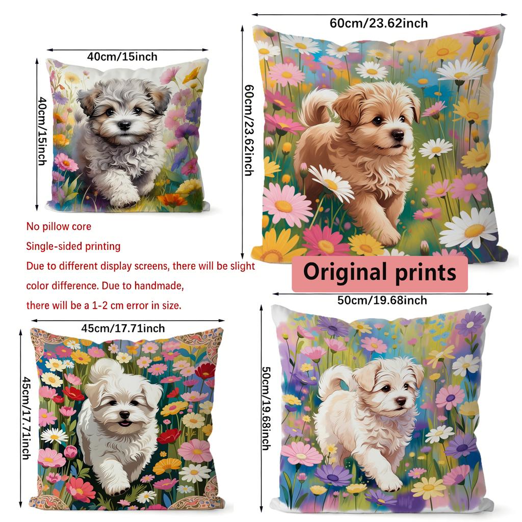 Floral Puppy Print Throw Pillow Covers Pattern Cushion Cover Suitable For Sofa Bedroom Car Pillow Cover