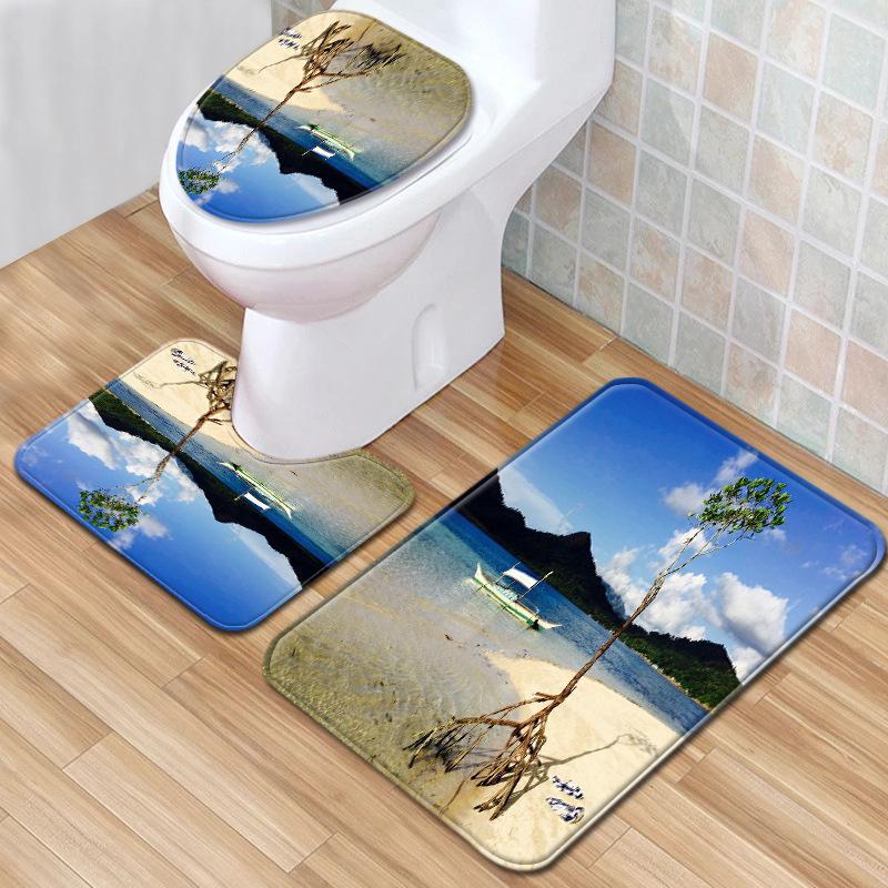 Beach View Bathroom Floor Mat Three-Piece Toilet Carpet Toilet Mat Set Door Mat Bathroom Non-Slip Mat