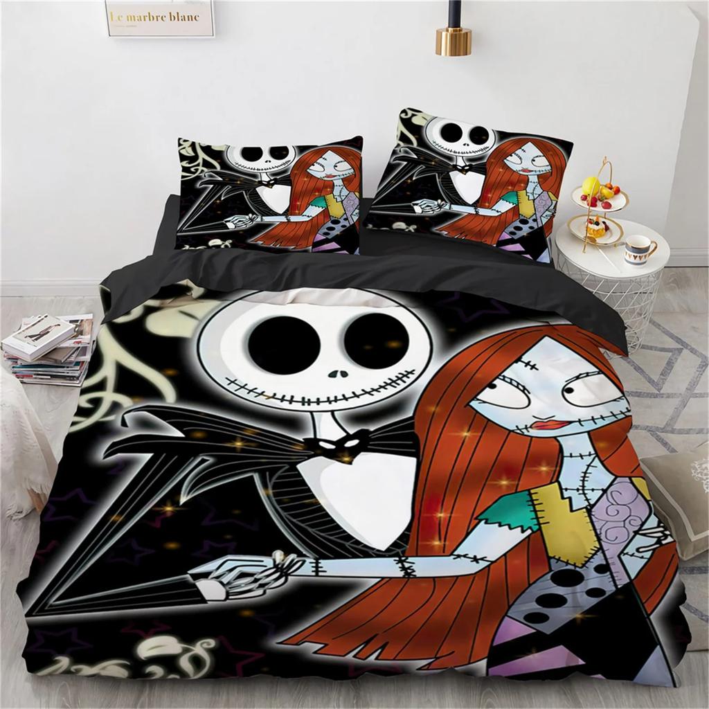 Halloween Totenkopf Bettbezug,Jack und Sally Bettdeckenbezug,Nightmare Before Christmas Bettwäscheset Kissenbezug,Halloween Deko
