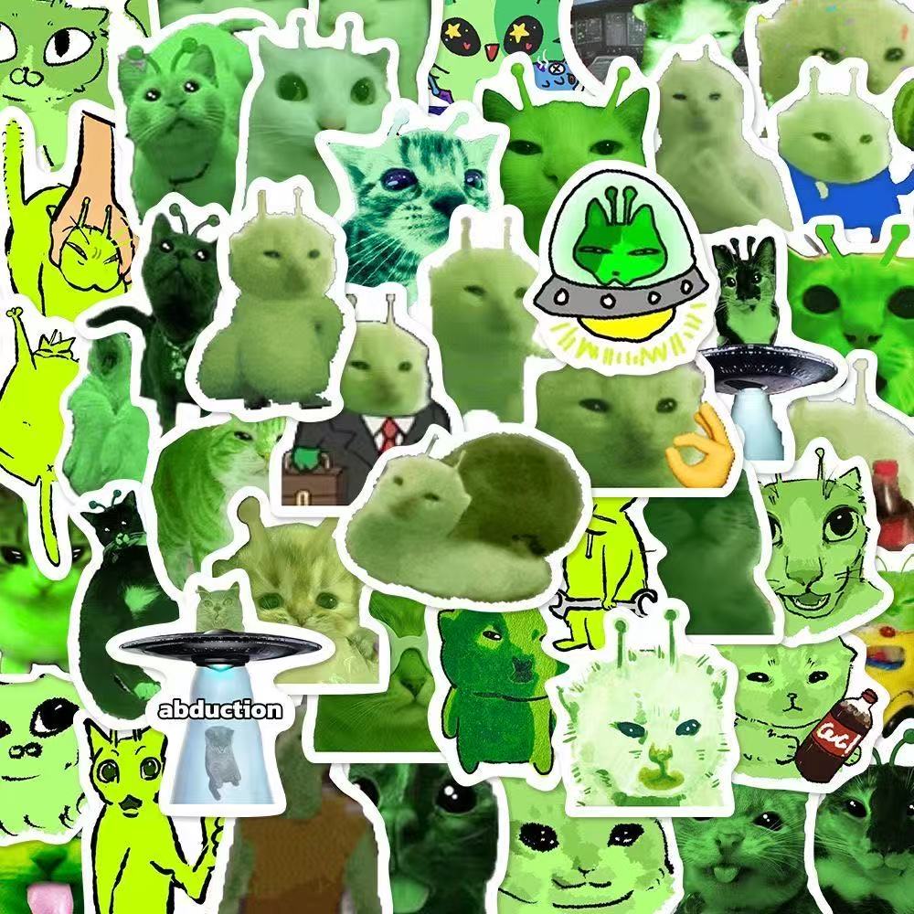 78pcs Funny Alien Cat Meme Stickers Green Alien Decals For Phone Laptop Suitcase Notebook Skateboard Zip Zap Alien Cat Stickers
