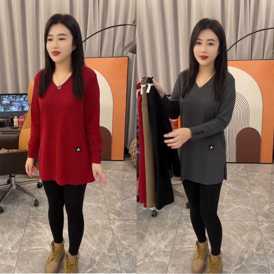 Plus Size Women's Double-Sided Velvet & Fleece Split Sleeve Autumn Winter Slimming Base Layer Top