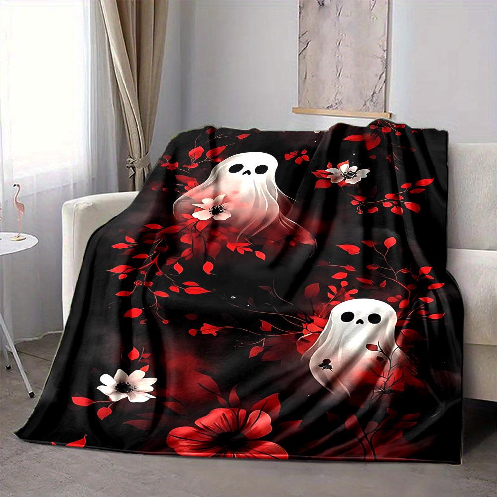 1pc Ghost Floral Blanket, Lightweight Flannel Throw Blanket for Sofa, Bed, Travel, Camping, Living Room, Office, Couch080