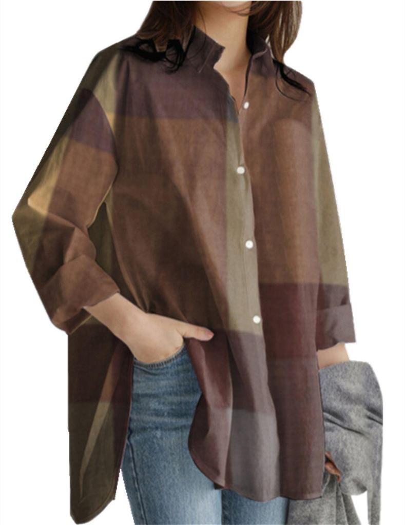 2024 Women's Fashion Loose Casual Plaid Patchwork Long-Sleeve Irregular Shirt for Autumn and Winter