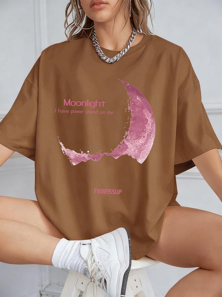 Plus Beautiful Moonlight Prints T-Shirts Womens Summer Cotton Short Sleeve T Shirt O-Neck Comfortable Loose Tops Casual Clothes