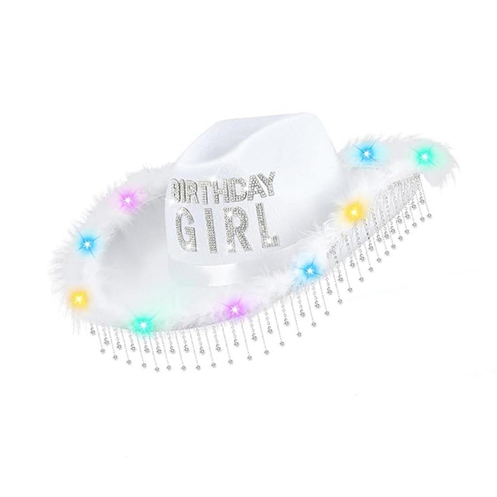 Birthday Tassels Rhinestone Cowgirl Hat With Colorful LED Lights Adjustable Top Cap for Parties Birthday Gathering