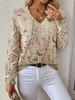 Women's Off-White V-Neck Knit Sweater with Blue Floral Pattern and Lace-Up Sleeve Detail