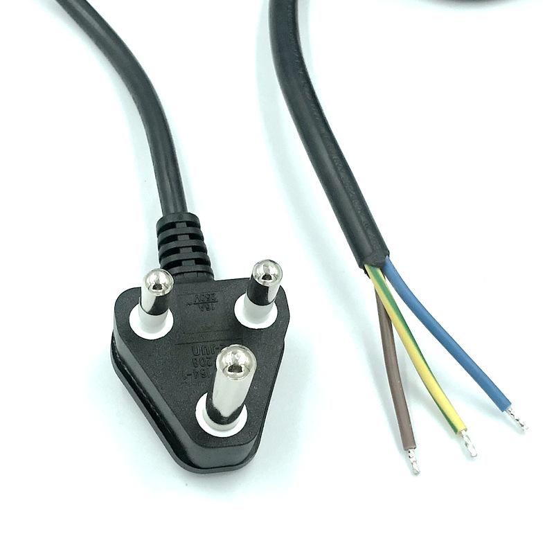 250V South African Power Cord with Three-Pin Plug, Stripped & Tinned Tail, Large/Small Size
