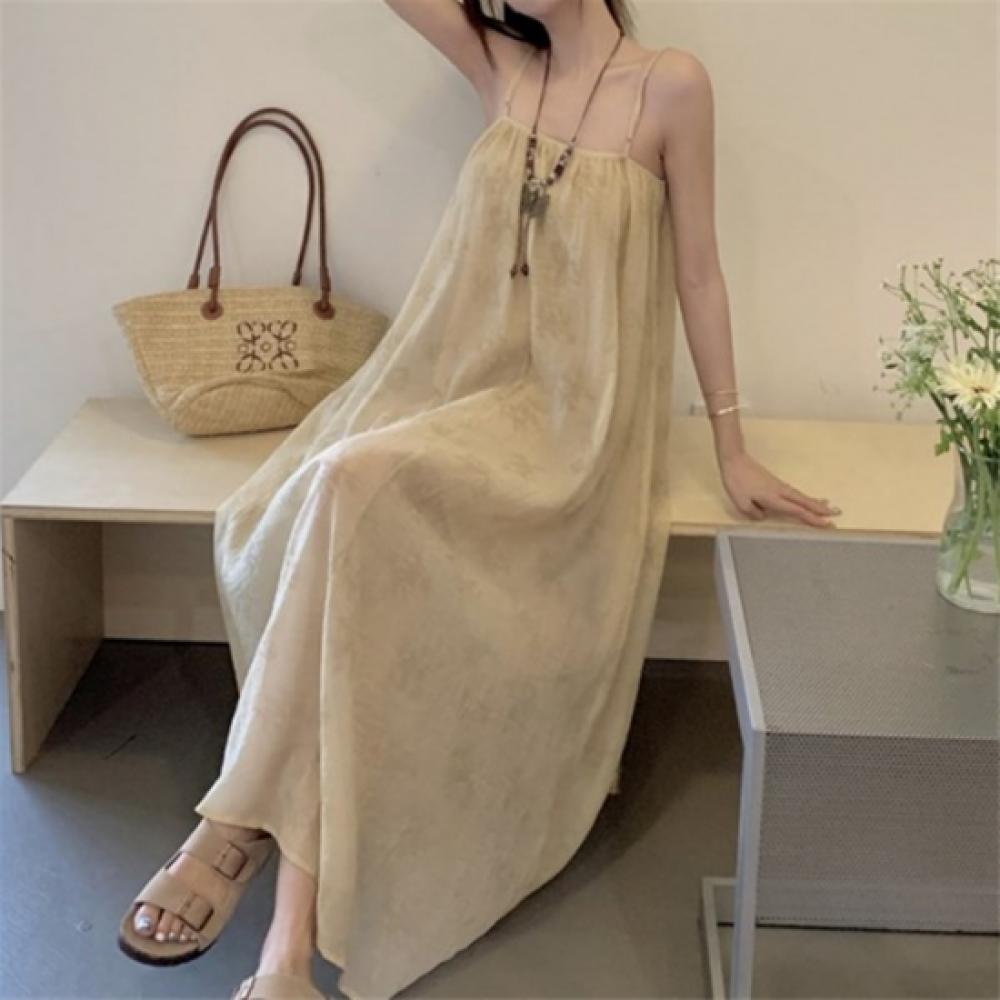 New Arrivals Open Run Women Ivory Pattern Pin Tuck Strap Long Dress