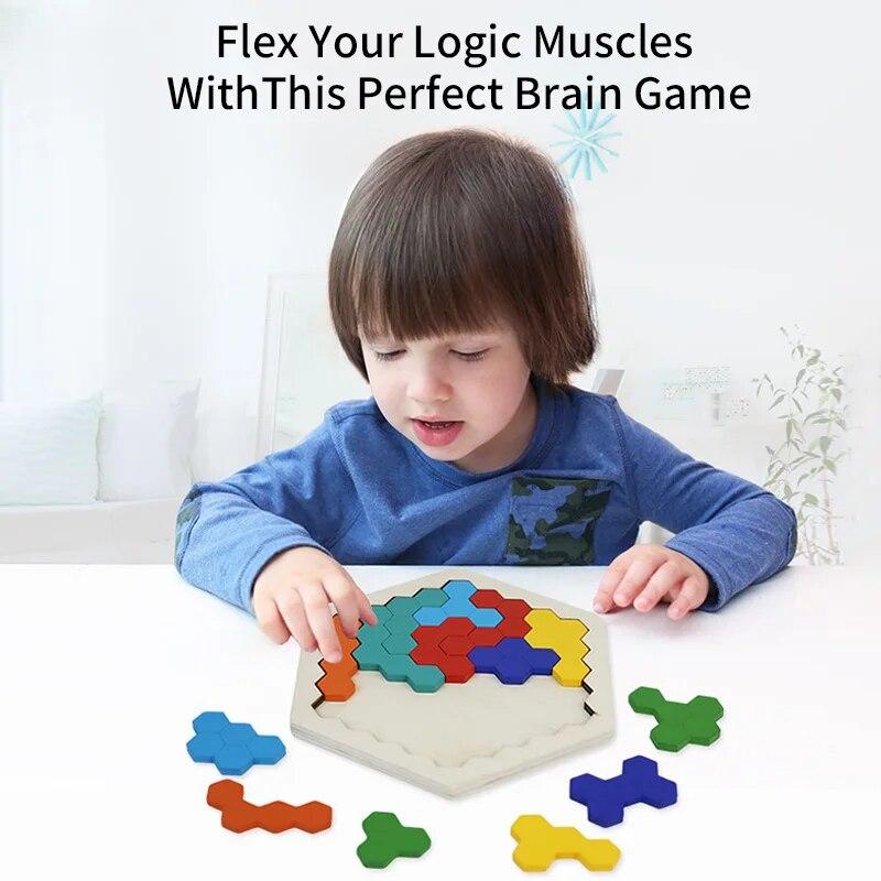 3D Hexagonal Wooden Puzzles Educational Toys For Children Kids Preschool Tangram Board Brain Test Game Montessori Toys Gifts