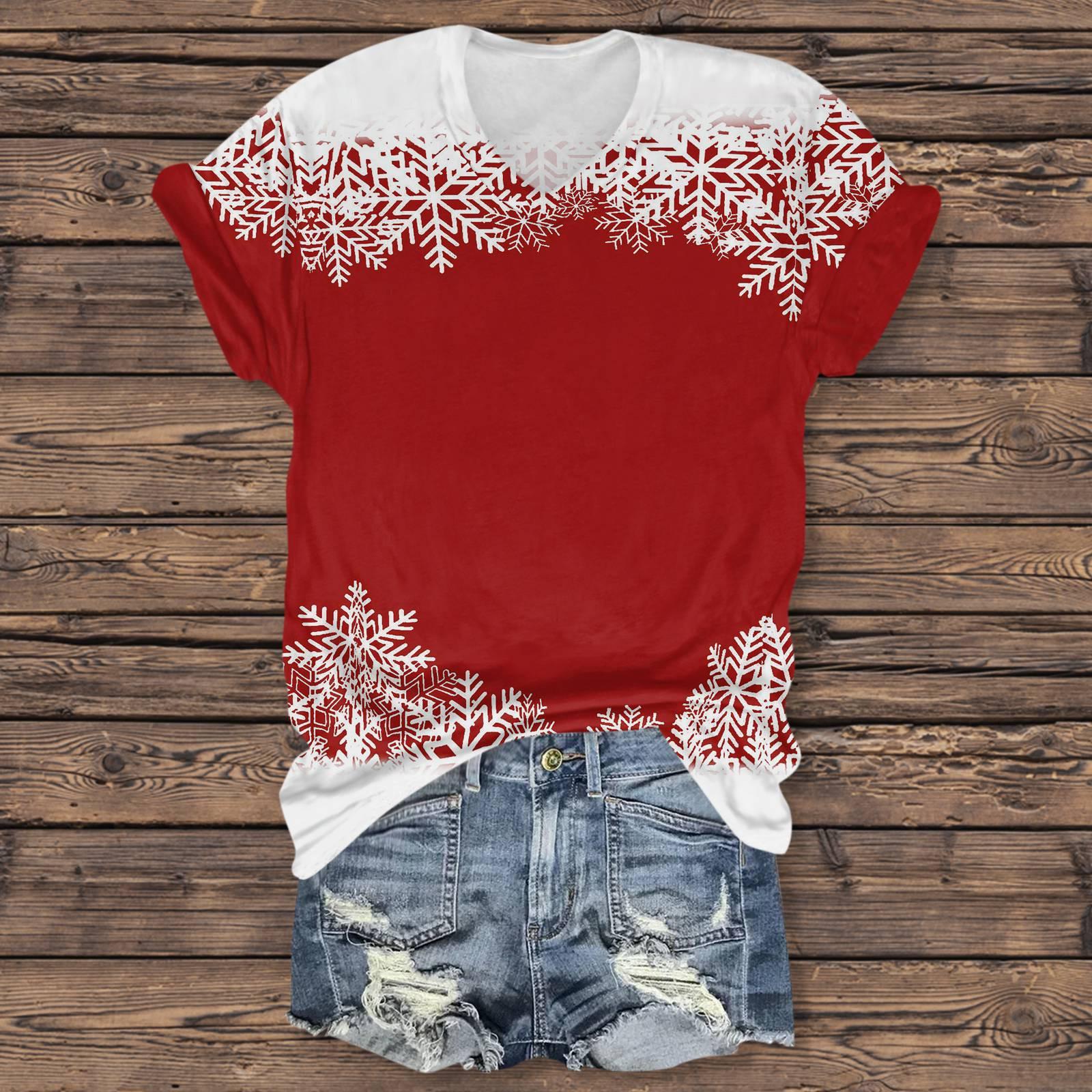 

Женская повседневная футболка с коротким рукавом и V-образным вырезом со снежинками XL красный