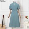 VONDA Vintage Women Stand Neck Short Sleeve Embroidery Patchwork Long Dress