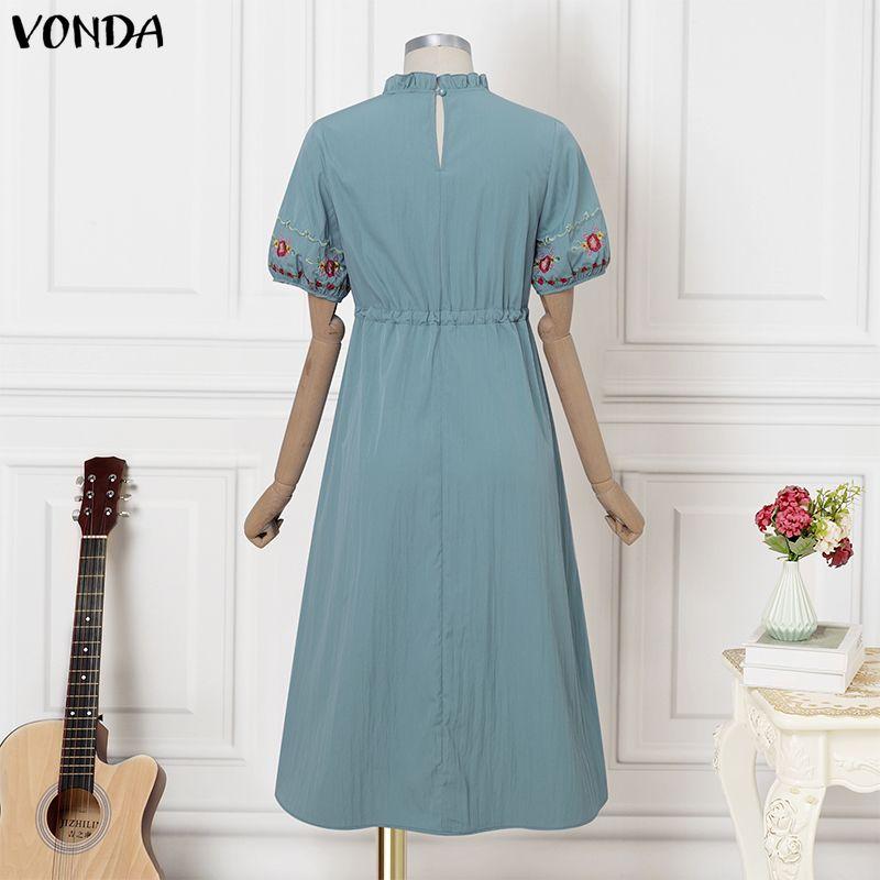 VONDA Vintage Women Stand Neck Short Sleeve Embroidery Patchwork Long Dress