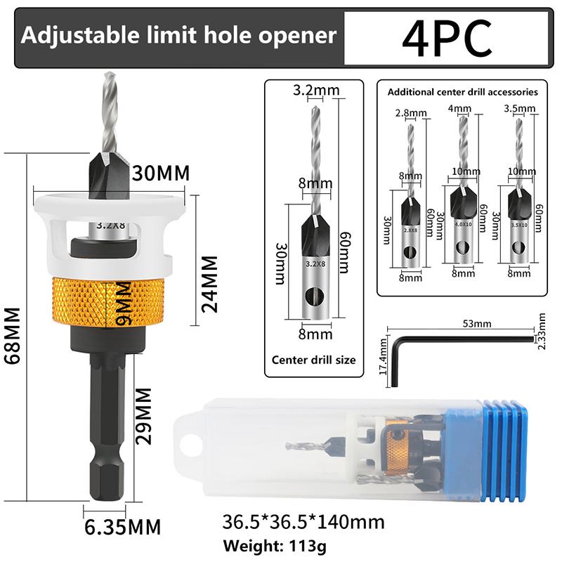 1 buc Limitator pentru prelucrarea lemnului Freză cu alezor cu patru muchii Cap din aliaj Burghiu cu gaură conică Adâncime reglabilă Burghiu în trepte Alezor pentru șuruburi ascunse
