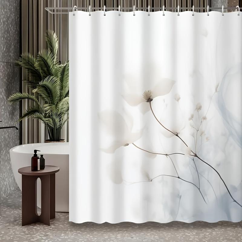 1 Piece High Quality White Floral Print Shower Curtain, Polyester, Machine Washable, Hook Included, Elegant Bathroom Decoration