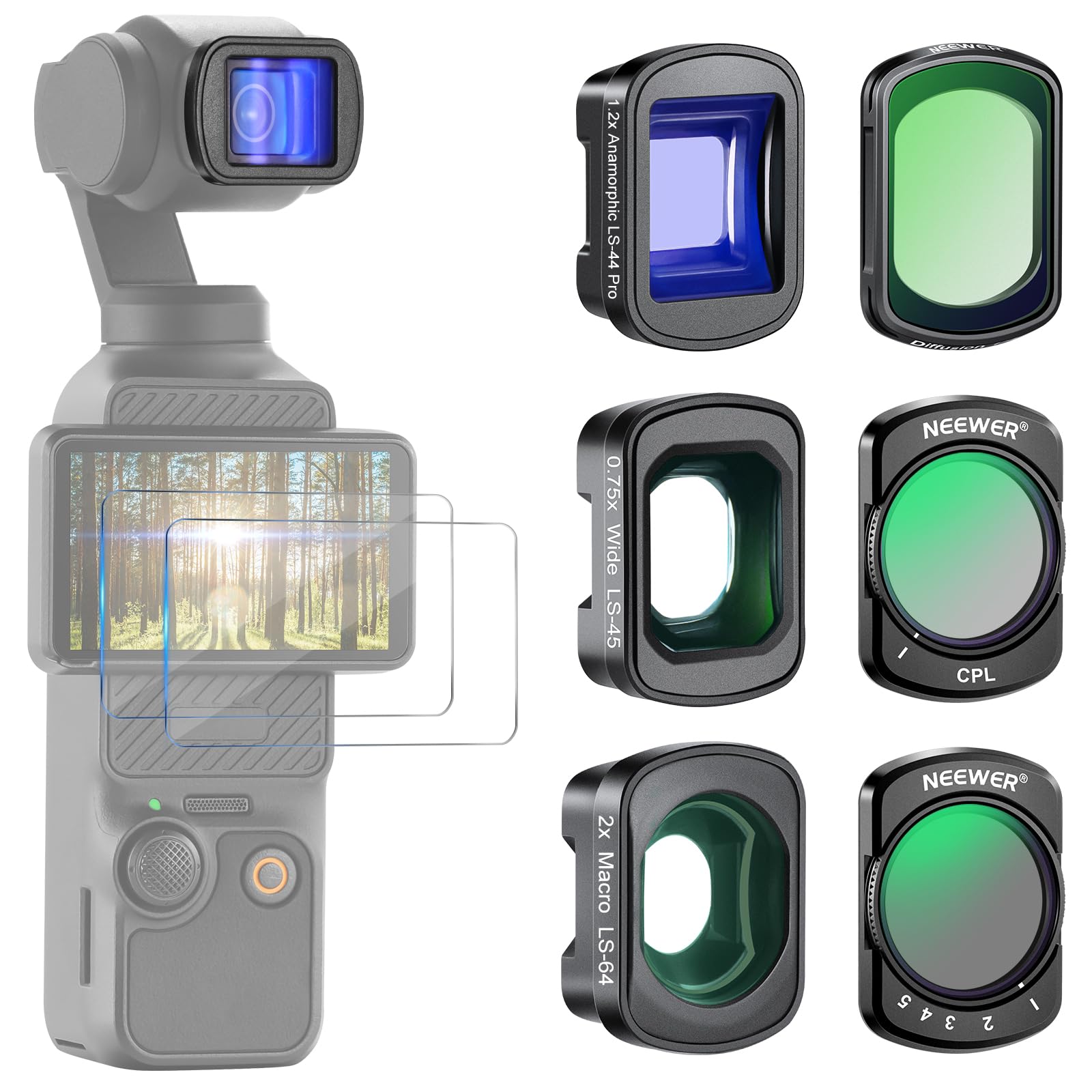 

Набір з 3 ND-фільтрів NEEWER Змінний CPL Чорний дифузійний Ширококутний Макро Синій Анаморфний Захисний Фільтр для екшн-камери Сумісний з DJI Osmo Pocket 3