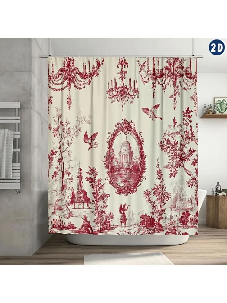 

Elegant French Toile de Jouy Shower Curtain, Red Floral Chandeliers & Birds Design, Easy Clean for Bathroom or Window Decor W90xH180cm