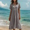 Women's Fashion Solid Color Short Sleeve Cotton Linen Patchwork Pleat Dress