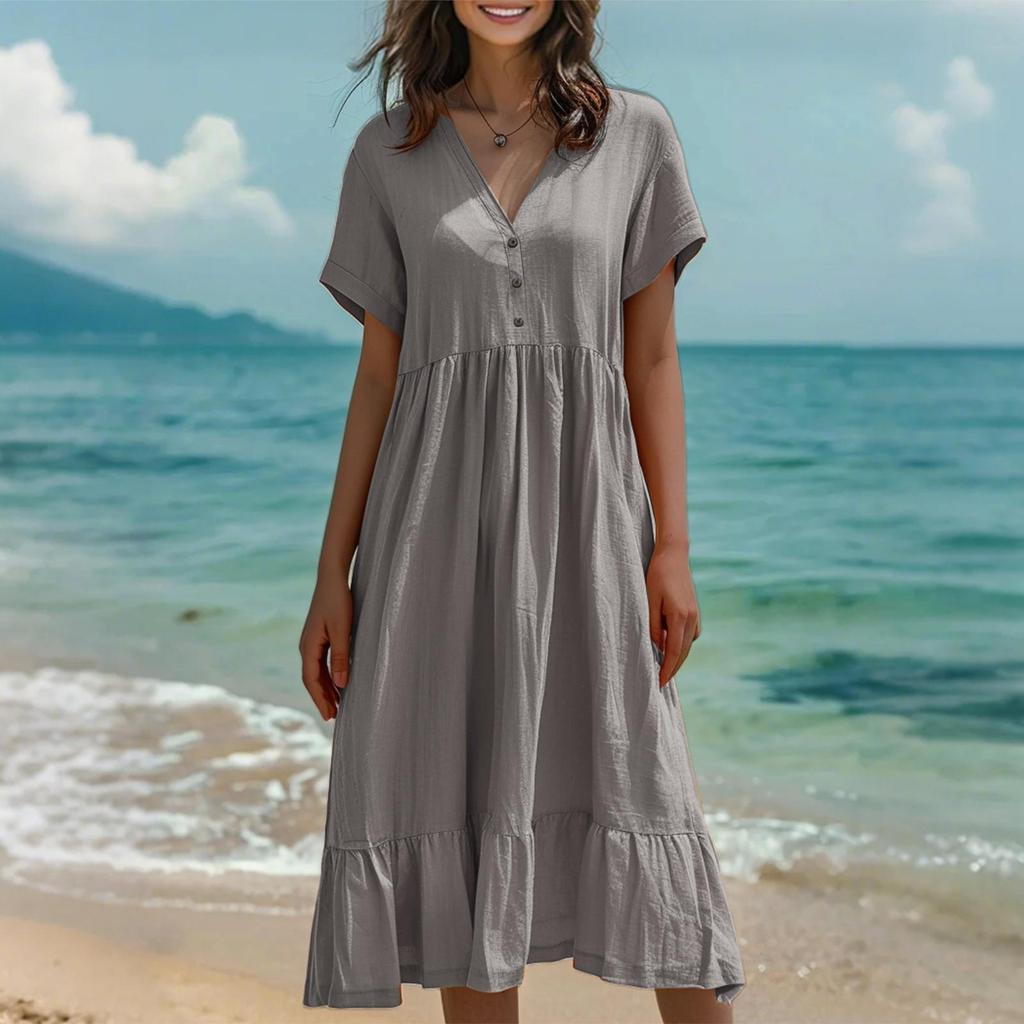 Women's Fashion Solid Color Short Sleeve Cotton Linen Patchwork Pleat Dress
