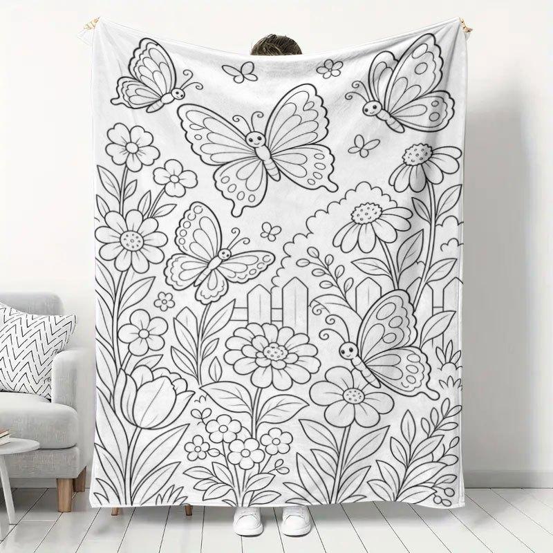 1pc Butterfly Floral Coloring Style Flannel Blanket Cute Garden Hand-Painted Pattern Throw Blanket Bedroom Living Room Nap Air Conditioning Blanket Ho