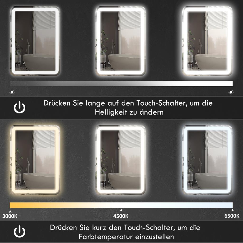 Bathroom Mirror, Illuminated, Touch Control, Fog-Free, Dimmable, 3 Light Colors, 60 x 80, Silver