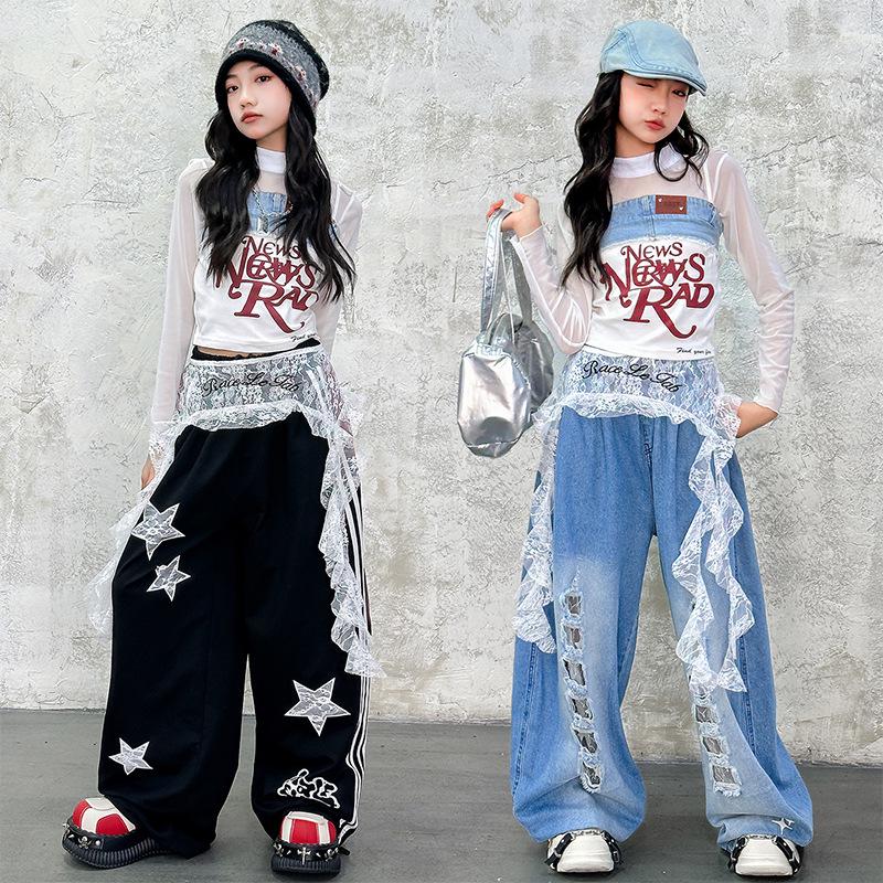 Kids' Street Dance Trendy Outfits: Color Block Hip Hop Tops & Denim Work Pants for Girls & Boys