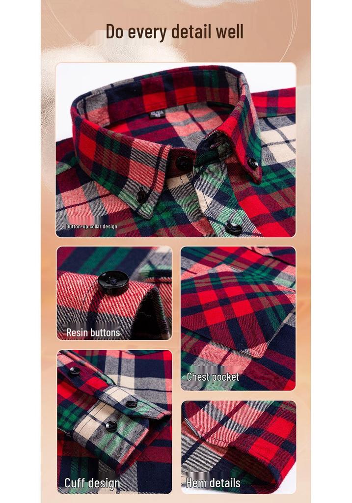 Men's Plus Size Pure Cotton Brushed Plaid Long Sleeve Shirt - Business Casual & Breathable