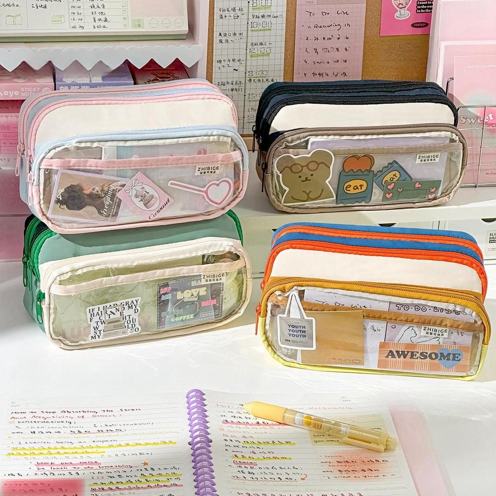 Cream Pencil Bag Pen Case Hitting Color Blocked Staged Type Transparent Front Pocket Storage Pouch for Stationery