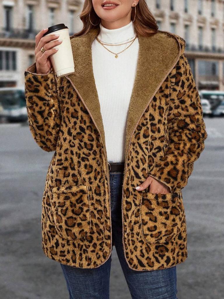 Autumn Winter Leopard Print Plush Jacket Women's Loose Hooded Warm Thick